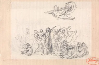 Gruppo di figure, con una figura volante sopra